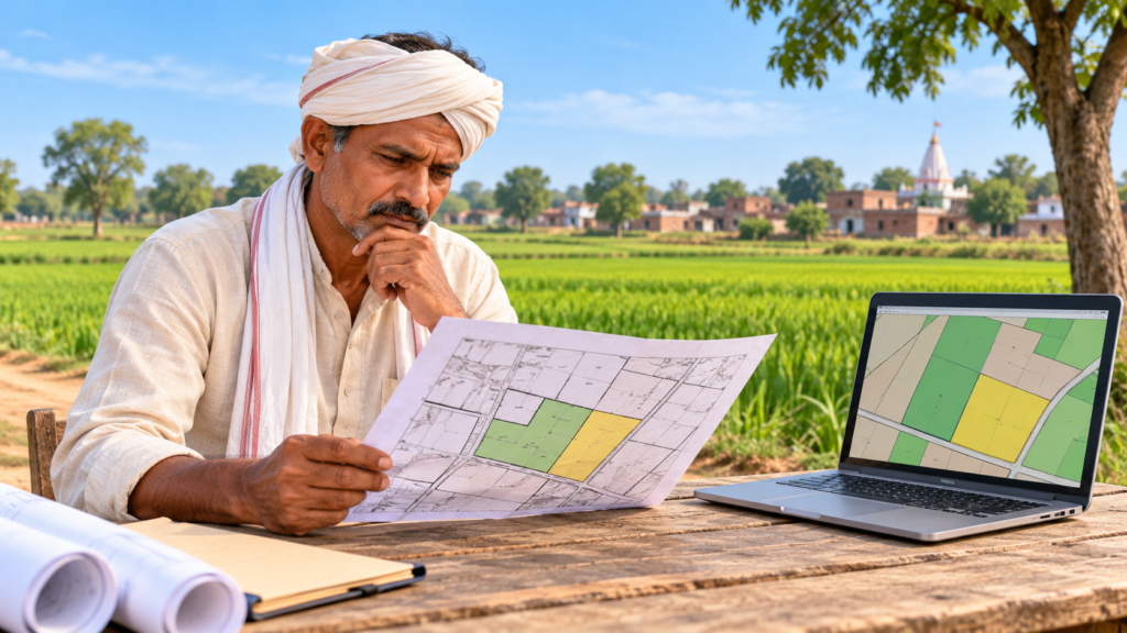 किसान खेत में कागजी भू-नक्शा और लैपटॉप पर गाटा मानचित्र की तुलना करता हुआ
