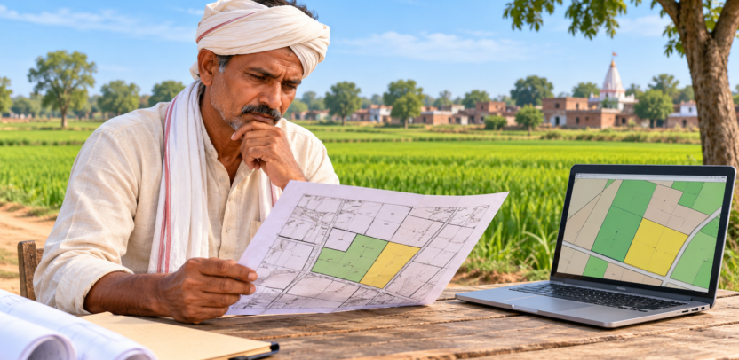 किसान खेत में कागजी भू-नक्शा और लैपटॉप पर गाटा मानचित्र की तुलना करता हुआ