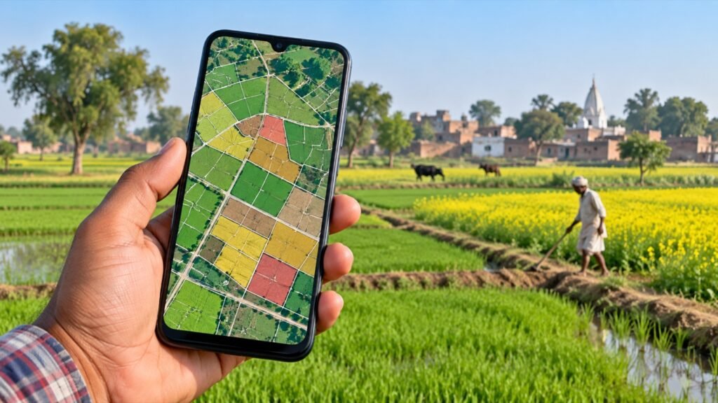 Smartphone showing a colorful parcel map above farmland in Uttar Pradesh