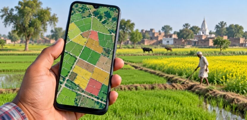 Smartphone showing a colorful parcel map above farmland in Uttar Pradesh