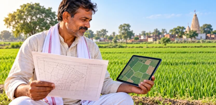Farmer reviews a land record and digital plot map in an Uttar Pradesh field