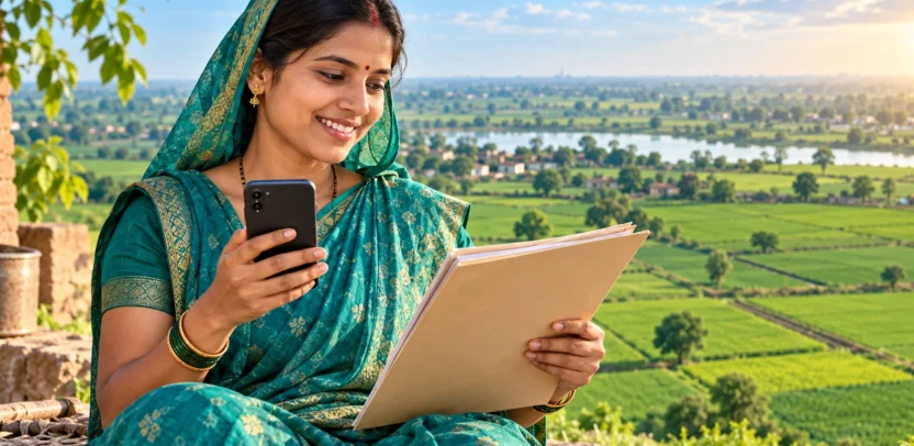 Woman checking a UP Khatauni land record on her mobile phone beside farmland; original editorial illustration