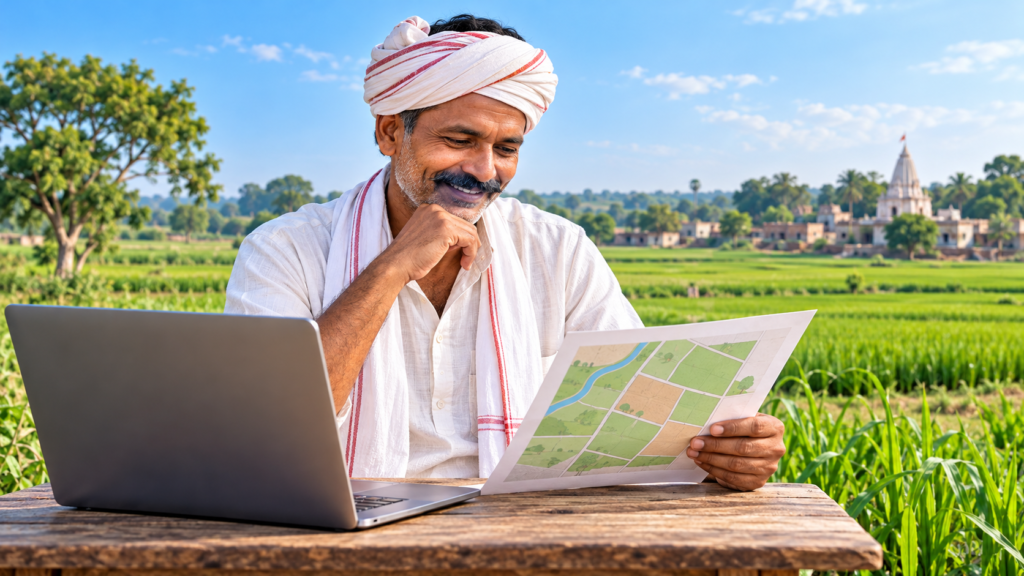 किसान उत्तर प्रदेश के खेत में लैपटॉप पर भूमि रिकॉर्ड और भू-नक्शा देखता हुआ