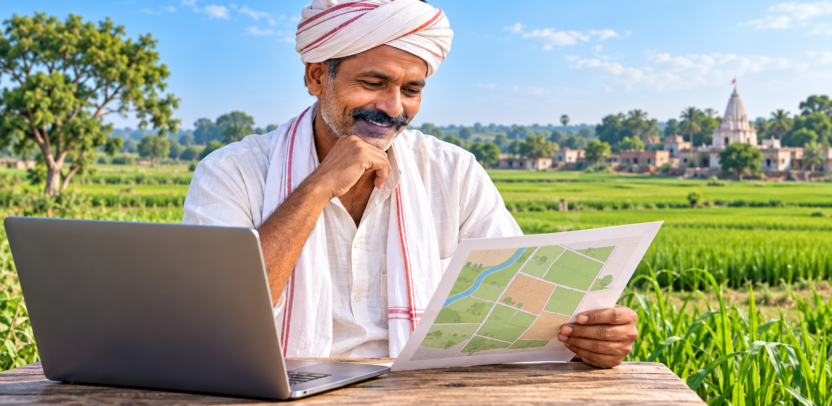 किसान उत्तर प्रदेश के खेत में लैपटॉप पर भूमि रिकॉर्ड और भू-नक्शा देखता हुआ