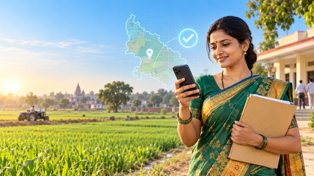 उत्तर प्रदेश दाखिल-खारिज आवेदन की स्थिति मोबाइल पर जाँचती महिला किसान — मूल सांकेतिक चित्र