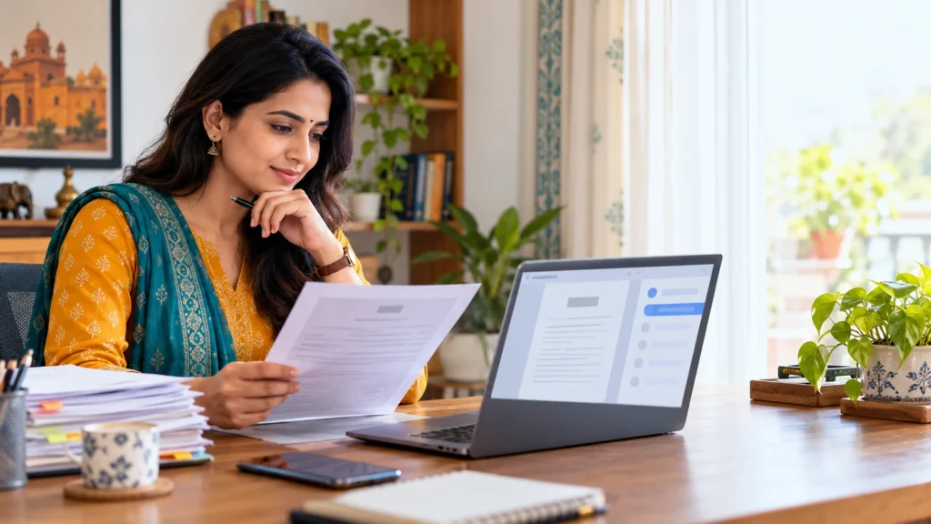 Woman reviewing property registration papers and a generic online document view on a laptop; original editorial illustration