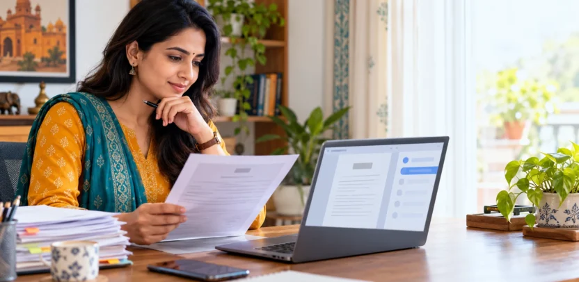 Woman reviewing property registration papers and a generic online document view on a laptop; original editorial illustration