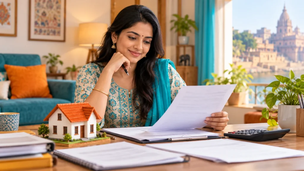 Woman reviewing property papers and a house model; illustration for UP stamp duty concession