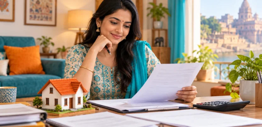 Woman reviewing property papers and a house model; illustration for UP stamp duty concession