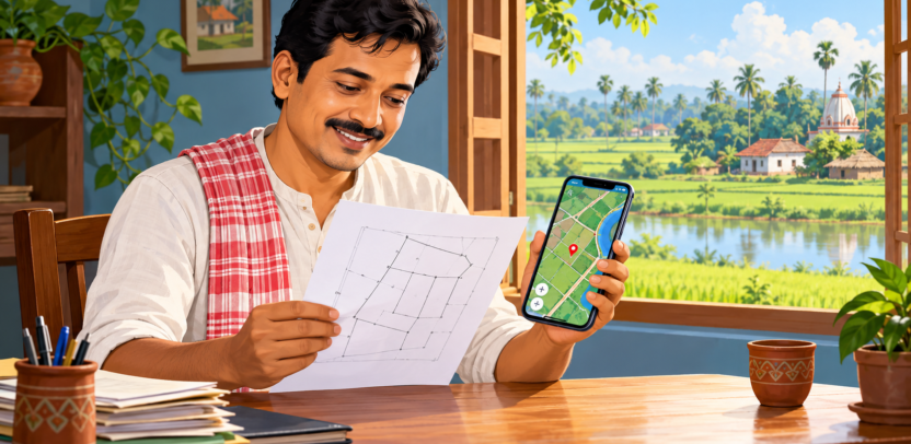 पश्चिम बंगाल में मोबाइल पर भूमि रिकॉर्ड और खतीयान विवरण देखते नागरिक का सांकेतिक चित्र
