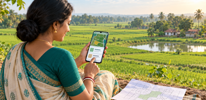 पश्चिम बंगाल के खेत में स्मार्टफोन पर डिजिटल भूमि रिकॉर्ड देखते हुए एक महिला किसान