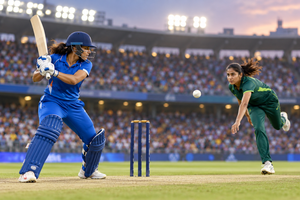 भारत और जिम्बाब्वे की महिला क्रिकेटर मैच के दौरान मैदान पर, स्टेडियम की पृष्ठभूमि में