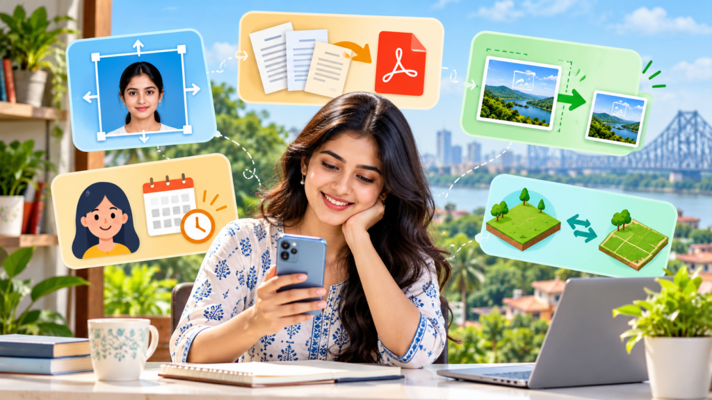 Illustrative scene showing Yuva Sathi document utility tools, including a photo resizer, PDF scanner and land-area conversion